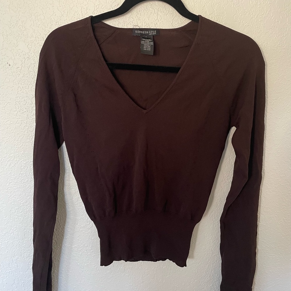 Kenneth Cole Brown V-Neck Long Sleeve Top